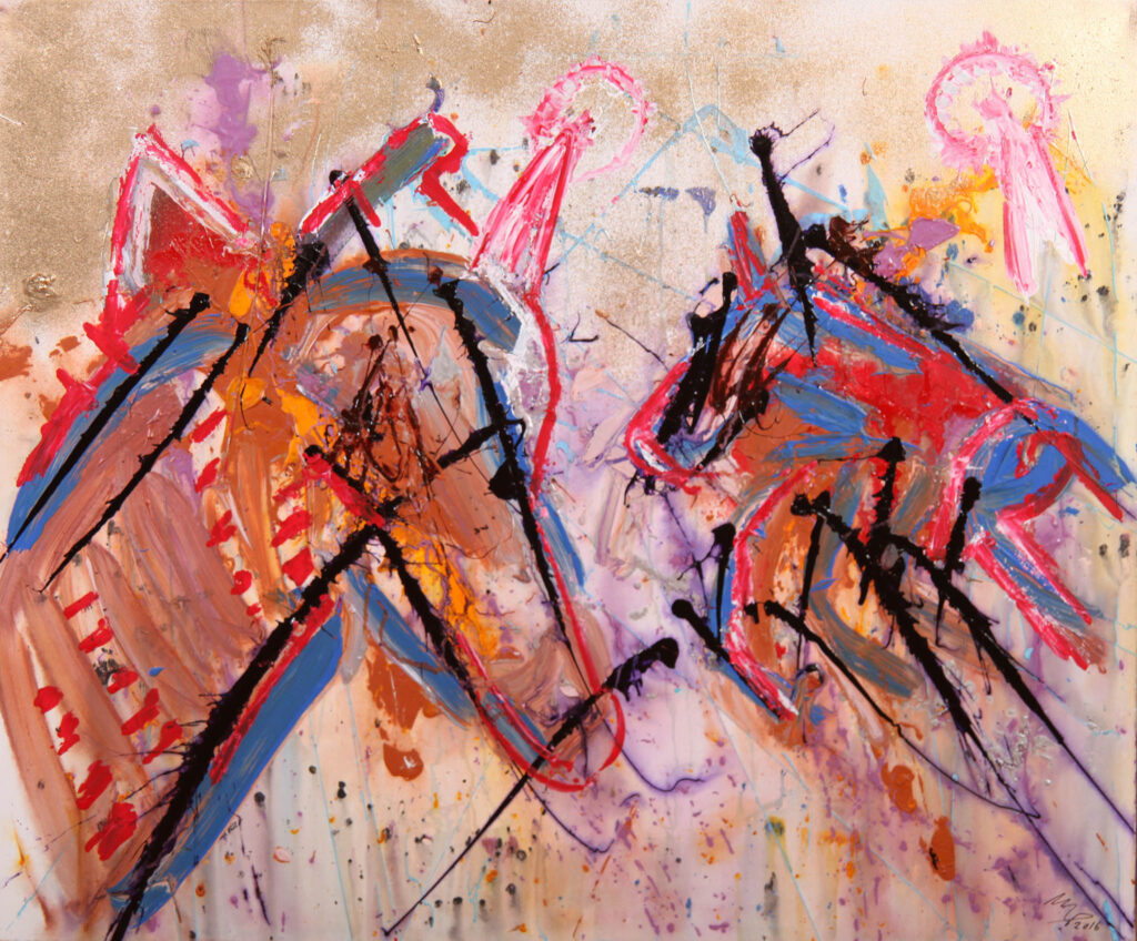 Abstract painting "Horse Talk" by Mikkel Urup, showing two horses in vibrant dialogue, 2015